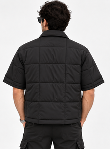 Men's Black Short Sleeve <b>Puffer</b> <b>Jacket</b> Boxy <b>Crop</b> Fit Turn-down Collar Chest Pockets Front Windproof Casual Autumn Wear - Product Image 3