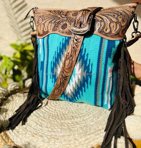 New Bohemian Hand Tooled Leather Saddle <b>Blanket</b> Tassel Handbag Stylish Hand Carving Leather Floral Wallet Combo Set for Women's - Product Image 2