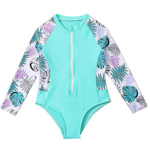 Girls One-Piece Swim Suit Long Sleeve Plant Print Zip Front Anti-Uv Spandex Polyester Regular Fit Round Neck - Product Image 1