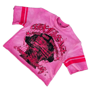 Custom Wholesale <b>Men</b> <b>Pink</b> Boxy Fit Graphic T-<b>Shirt</b> Y2K Streetwear Oversized Heavyweight Tee with Striped Sleeves - Product Image 2