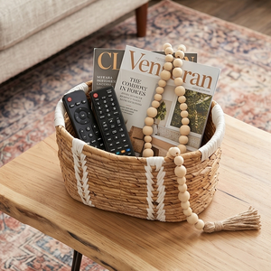 Panier de rangement naturel tissé à la main, écologique, avec poignées blanches, bac décoratif tissé pour l'organisation de la maison, du placard et du garde-manger - Product Image 6