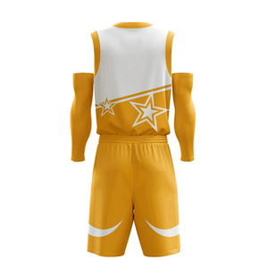Ensemble d'uniformes de basketball personnalisés pour hommes, blanc et or, maillot sans manches col en V, short imprimé étoiles, taille élastique, vente en gros, vêtements de sport pour équipes - Product Image 6