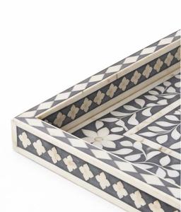 Bandeja Rectangular de Lujo Hecha a Mano con Incrustaciones de Hueso Ecológicas y Diseño Floral en Gris y Blanco Multiusos - Product Image 5