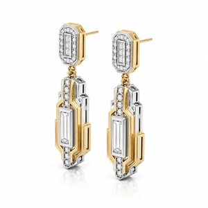 Boucles d'oreilles pendantes géométriques en or massif 18 carats avec diamants taille baguette sertis en canal, bijoux de luxe pour femme pour mariage - Product Image 1