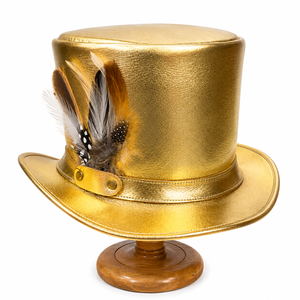 Metallic Gold Leather <b>Top</b> Hat <b>with</b> <b>Feather</b> Accent Tall Crown Wide Brim Luxury Gentleman Festival - Product Image 1