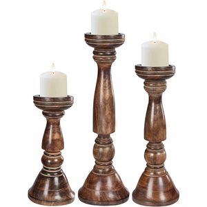 Vintage Wood Candle <b>Stand</b> 2pcs Hand Carved Wooden Candle Pillar Holders for Table Centerpiece Wholesale Antique Home Decoration - Product Image 3