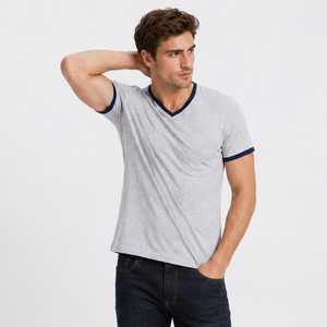Camiseta de algodón con cuello en V para hombre, color gris, informal, de verano, transpirable, de punto, manga corta - Product Image 1