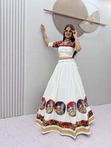 Ensemble Lehenga Choli pour femme, blanc, brodé, en pur coton, longueur ras du sol, séchage rapide, style indien pakistanais, richement brodé, pour mariage et fête - Product Image 1