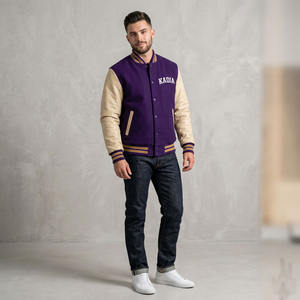Veste de baseball Varsity personnalisée avec logo violet pour hommes, manches en cuir de mouton, broderie de haute qualité, vestes bomber - Product Image 5