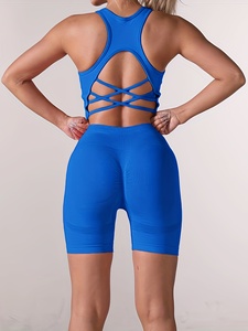 Ensemble crop top côtelé bleu vif et short cycliste taille haute froncé pour femme, tenue de sport sexy dos nageur pour le yoga - Product Image 5