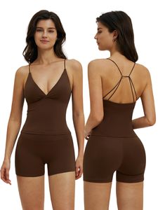 Conjunto de Yoga sin Costuras de 2 Piezas, Top Corto de Cintura Alta y Pantalones Cortos, Color Sólido, Espalda Cruzada, Ropa Deportiva para Mujer - Product Image 1