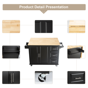 Carrello da Cucina Mobile Regolabile con Ampio Piano in Legno di Gomma, Prodotto con Diversi Ripiani e Armadietti - Product Image 6