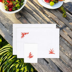 Custom Wholesale Washable Embroidery Red Flower <b>Placemat</b> & Napkin Set White Cotton Hemstitch Mats for Home Wedding Events - Product Image 1