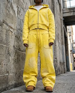 Ensemble jogging et sweat à capuche tendance pour homme, coupe courte zippée, en coton délavé et vieilli, style streetwear - Product Image 6