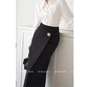 CV473 Black Breathable Casual High Waist Ankle-Length Rhinestone Skirt Women Office Commuter Outfit - Product Image 3