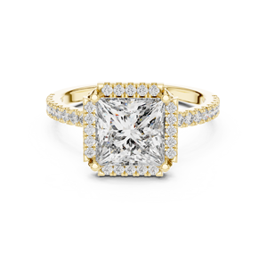 Bague de fiançailles en or avec double halo de diamants de laboratoire taille princesse et bande pavée – Bague de mariée carrée de luxe pour femme - Product Image 1