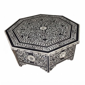 Handcrafted Black And <b>White</b> Bone Inlay Coffee <b>Table</b> Round Floral Pattern Center <b>Table</b> for Modern Living Room Hotel And Lounge - Product Image 6