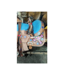 อานม้าหนังแท้ DD Brown แบบตะวันตก ลายดอกไม้สลักมือ พร้อมเบาะหนังกลับสีน้ำเงิน พร้อมชุดอุปกรณ์ ขนาด 10 ถึง 18 นิ้ว - Product Image 2