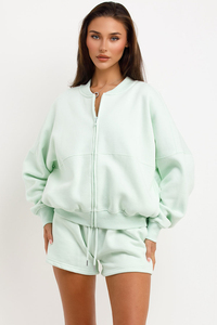 Ensemble survêtement femme 2 pièces en coton menthe 100 % : veste bomber et short, ensemble survêtement femme avec sweat à capuche et short - Product Image 6