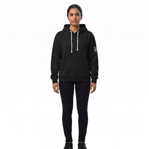 Sweat-shirt à capuche noir pour femme avec broderie drapeau américain sur la manche gauche, coupe classique, tissu en coton tricoté, vêtement d'automne - Product Image 1