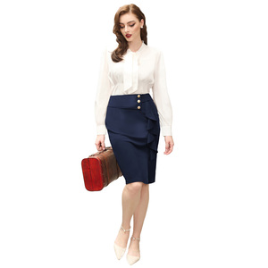 Faldas midi de oficina ajustadas con volantes y abertura frontal de cintura alta estilo vintage para mujer al por mayor - Product Image 5