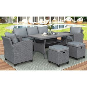 Set di Mobili da Giardino in Rattan Grigio a 6 Pezzi, Divano, Sedie, Sgabelli e Tavolo con Cuscini Grigi per Esterni - Product Image 3