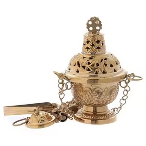 Brass Incense <b>Burner</b> Gold Finish Hand-made Religious Decorative Design With Chain And Lid <b>For</b> Meditation Prayer Room Thrubile - Product Image 4