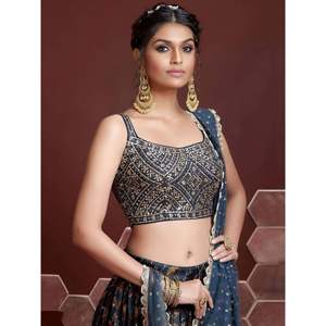 <b>Plus</b> <b>Size</b> Blue Printed Silk Lehenga Choli for Engagement Wear - Product Image 5