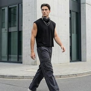 Men's Eco-Friendly Anti-Pilling <b>Cropped</b> Tank <b>Top</b> 320GSM Heavyweight 100% Cotton French Terry Boxy Oversized Fit Raw Hem - Product Image 6