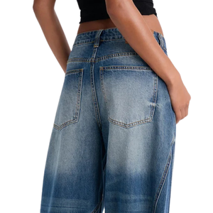 Jean en denim délavé vintage pour femme, coupe mi-large, respirant, décontracté, ample, longueur intégrale, bleu délavé, coupe droite, pantalon tendance - Product Image 4