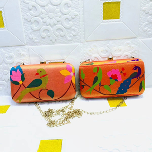 Handcrafted Printed Silk Clutch with Bird & Floral Design | Elegant Metal <b>Frame</b> Evening Bag with Chain Strap for Women - Product Image 1