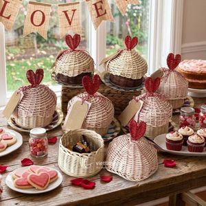 Mini Cupcake Shaped Wicker <b>Gift</b> Box with Handles Luxury Rattan Candy <b>Basket</b> Heart Lid Sustainable Party Favor Box Wedding Hamper - Product Image 3