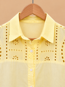 Camisa de Algodón con Degradado Amarillo para Mujer, Diseño con Aberturas, Manga Larga, Cuello Camisero, Blusa Casual con Botones, Primavera Verano - Product Image 4