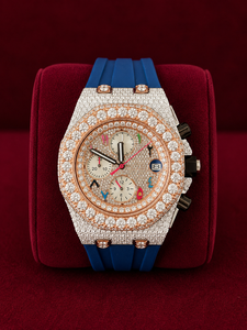 Luxury Moissanite Diamond Hip Hop Watch for Men Full Iced Out Rose Gold Bezel Quartz <b>Chronograph</b> Watch Blue Rubber Strap - Product Image 1