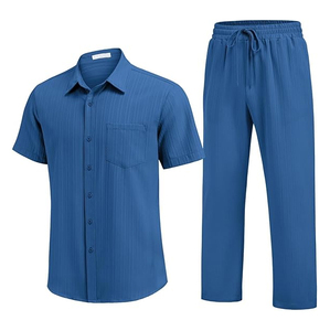 Ensemble décontracté d'été 2 pièces : chemise texturée à manches courtes boutonnée et pantalon à taille élastique avec cordon de serrage |   Fournisseur d'ensembles décontractés - Product Image 5