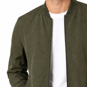 Best selling Men's Olive Green Solid Bomber <b>Jacket</b> Ribbed Stand Collar Full <b>Zip</b> <b>up</b> <b>jacket</b> - Product Image 3