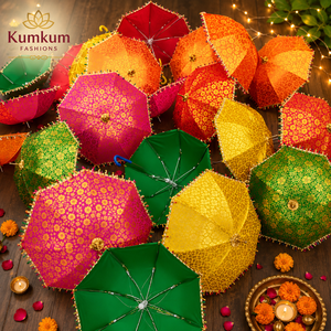 Indian Wedding Decorative Circle <b>Umbrella</b> Silk Fabric Traditional Vintage Decor Golden Print Haldi Sangeet Mehndi Party 24 Inch - Product Image 3