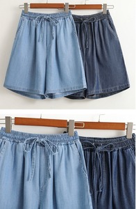 Shorts en jean de coton pour femme, couleur unie, taille à cordon, coupe ample, style décontracté, tissu respirant, taille mi-haute - Product Image 5
