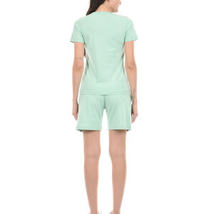 Women's <b>Mint</b> <b>Green</b> 2 Piece Shorts Set Crew Neck T-Shirt With Pocket Regular Fit Cotton Knitted Casual Spring Summer Wear - Product Image 2