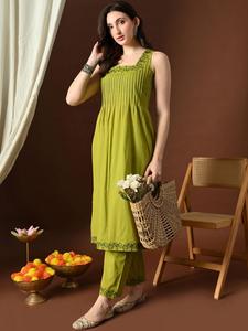<b>Women</b> Pure Cotton Embroidered <b>Kurta</b> With Trousers Ankle-Length Loose Fit Square Neck Casual Indian Pakistani Style Summer Wear - Product Image 1