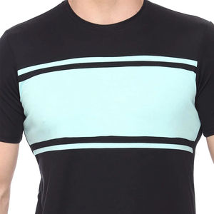 Men's <b>Black</b> Short Sleeve <b>T</b>-<b>Shirt</b> With Light Blue Striped Panel O-Neck Casual Fit Knitted Fabric - Product Image 6