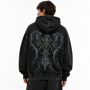 Gothic Printed Embroidered Hooded Sweatshirt <b>Men</b> Oversized <b>Black</b> Wings Cross Design Winter Wear Knitted Polyester/Cotton Regular - Product Image 3