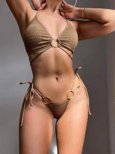 Ensemble de bikini texturé deux pièces pour femme avec détail anneau, maillot de bain tendance pour vacances à la plage, à nouer sur les côtés - Product Image 3