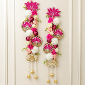 Pink Lotus Floral Wall Hanging Pair Pearl Tassel Door Toran Wedding Festival <b>Mandir</b> Home Decor Gift Item for Pooja Event - Product Image 2
