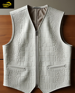 Chaleco de Cuero Repujado para Hombre Champ King, Cuello en V, Cierre de Cremallera, Ropa Exterior Informal Elegante, Otoño, Blanco - Product Image 1