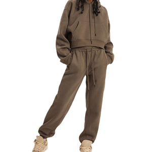 Conjunto Deportivo con Capucha para Mujer, Color Sólido, Algodón, Manga Larga, Pantalones Holgados con Cordón y Bolsillos Laterales, Estilo Casual Otoñal - Product Image 1
