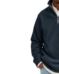 Pull tricoté côtelé mi-zippé pour homme, vert sarcelle foncé, chaud et doux, col montant, manches longues, décontracté et confortable, idéal pour l'hiver, vente en gros - Product Image 1