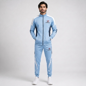 Conjunto deportivo cómodo para hombre con pantalones de cintura elástica y chaqueta con cremallera completa, diseñado para entrenamiento físico y uso diario. - Product Image 1
