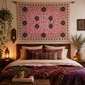 Couvre-lit en coton Suzani fait main de qualité supérieure, beige, rose, orange, broderie florale, style indien bohème, artisanat ethnique, décoration d'intérieur - Product Image 3