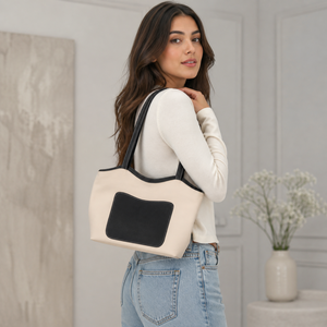 Elegant Two Tone Leather Tote <b>Bag</b> for Women | Spacious Shoulder Handbag <b>Long</b> Handle Daily Office Travel Purse Premium Design - Product Image 2